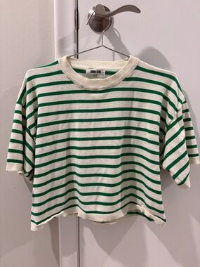 Double Zero Green & White Striped Knit Crop short sleeve sweater